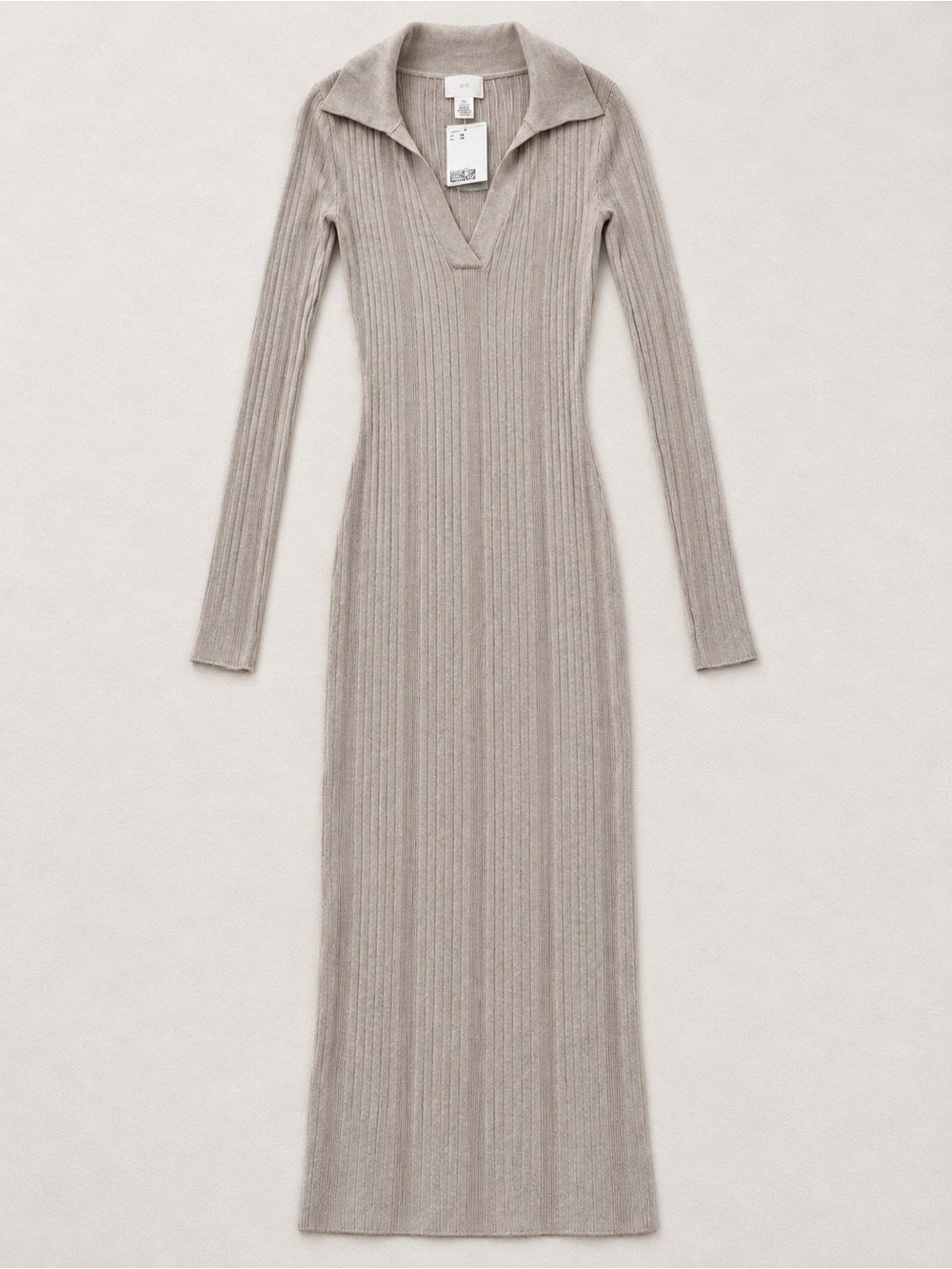 H&M Taupe Ribbed V‑Neck Long‑Sleeve Maxi Dress
